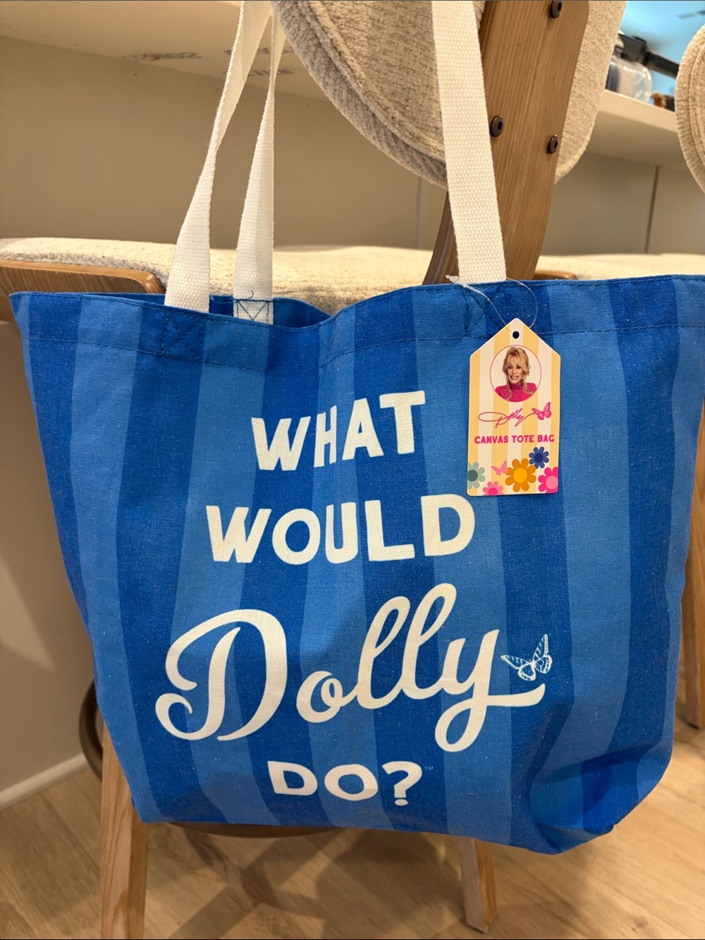 Dolly Canvas Large Tote Bag in Blue with White Script